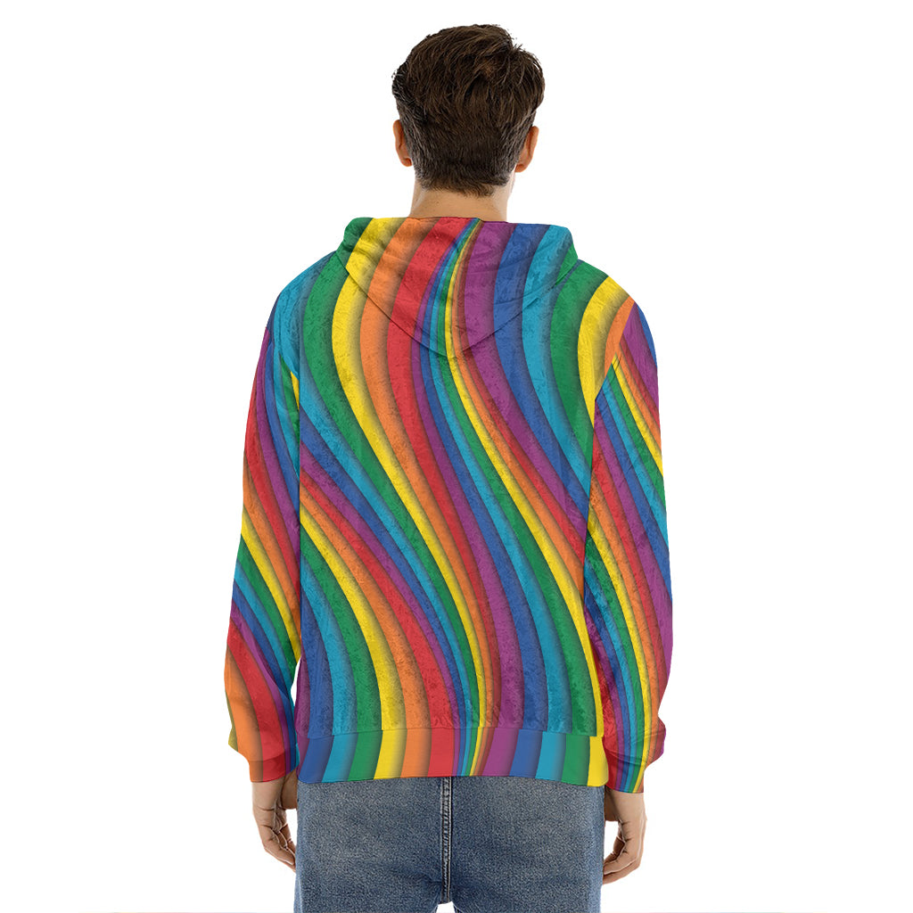 Curved Rainbow Pattern Print Men's Velvet Pullover Hoodie