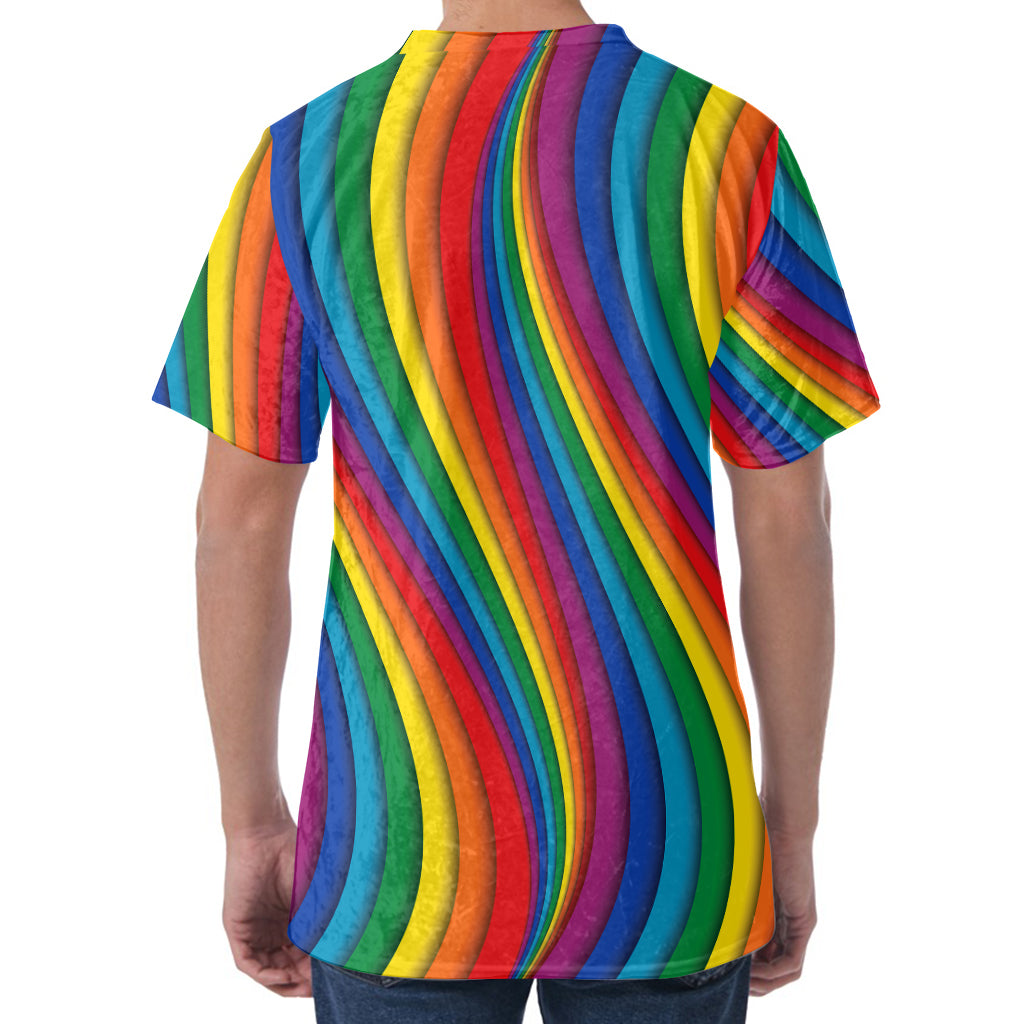 Curved Rainbow Pattern Print Men's Velvet T-Shirt