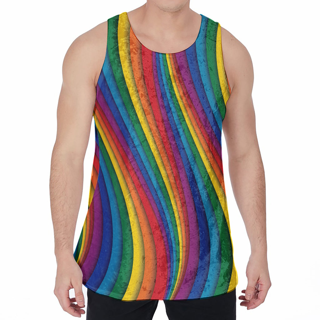 Curved Rainbow Pattern Print Men's Velvet Tank Top