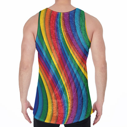 Curved Rainbow Pattern Print Men's Velvet Tank Top
