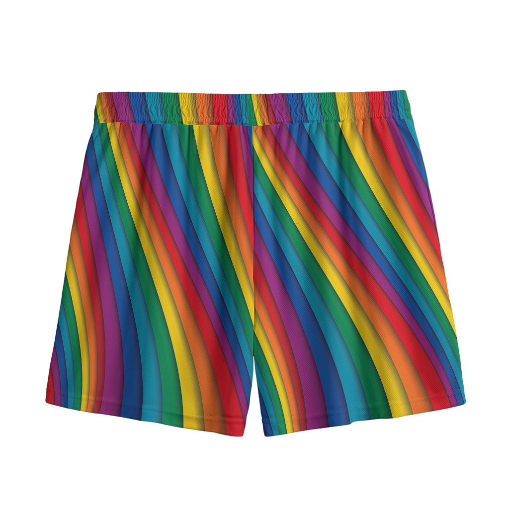 Curved Rainbow Pattern Print Mesh Shorts