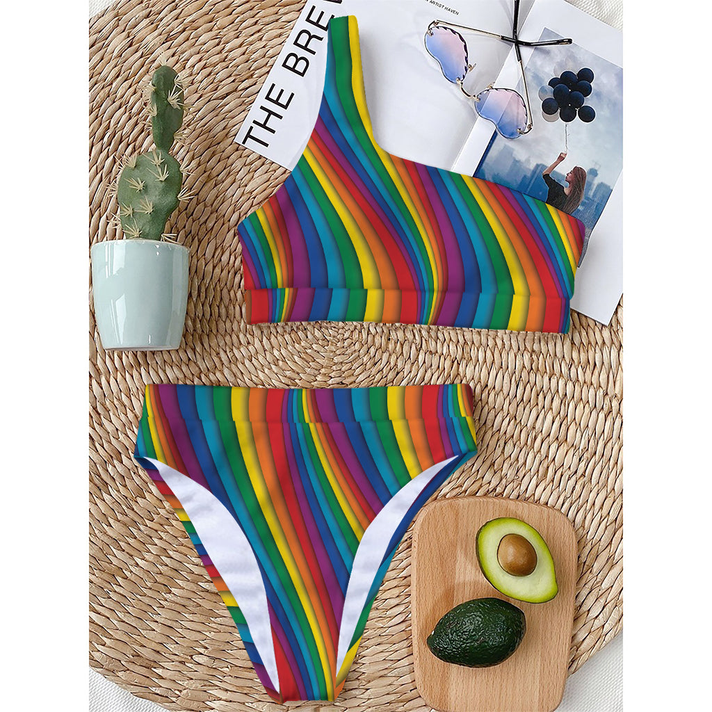 Curved Rainbow Pattern Print One Shoulder Bikini Top