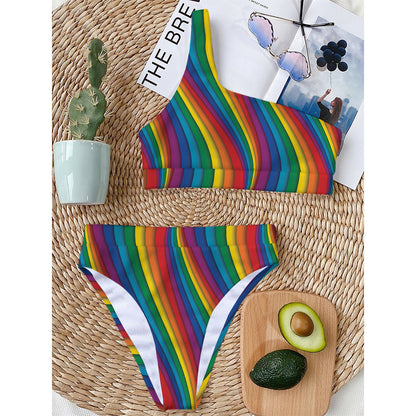 Curved Rainbow Pattern Print One Shoulder Bikini Top