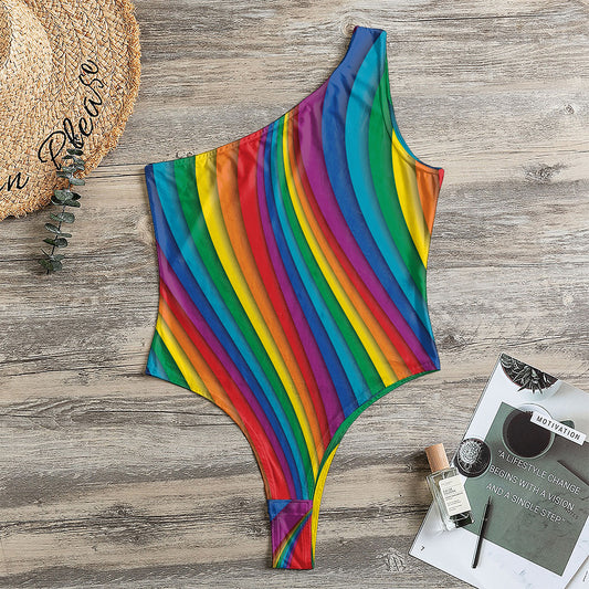 Curved Rainbow Pattern Print One Shoulder Bodysuit