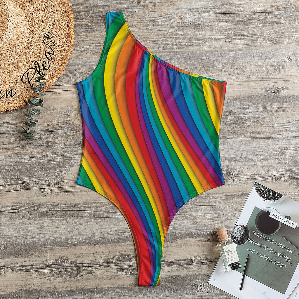 Curved Rainbow Pattern Print One Shoulder Bodysuit