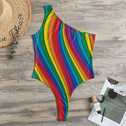 Curved Rainbow Pattern Print One Shoulder Bodysuit
