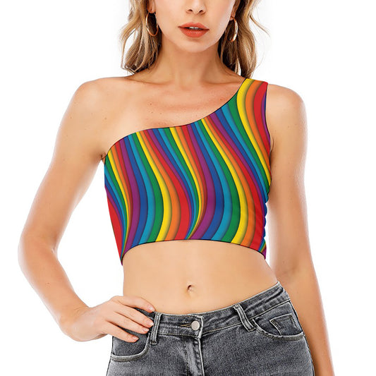 Curved Rainbow Pattern Print One Shoulder Crop Top