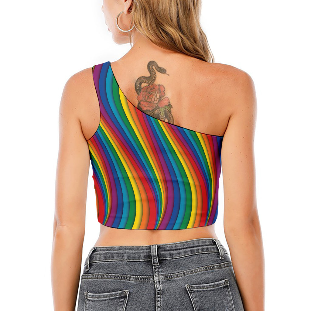 Curved Rainbow Pattern Print One Shoulder Crop Top