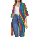 Curved Rainbow Pattern Print Open Front Beach Cover Up