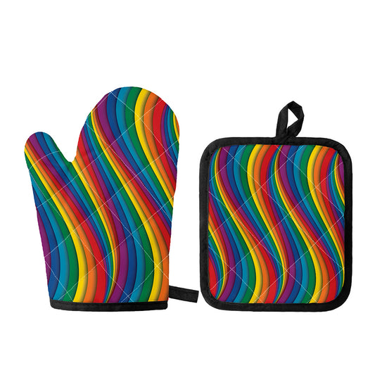 Curved Rainbow Pattern Print Oven Mitt And Pot Holder Set