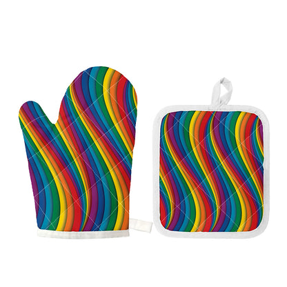 Curved Rainbow Pattern Print Oven Mitt And Pot Holder Set