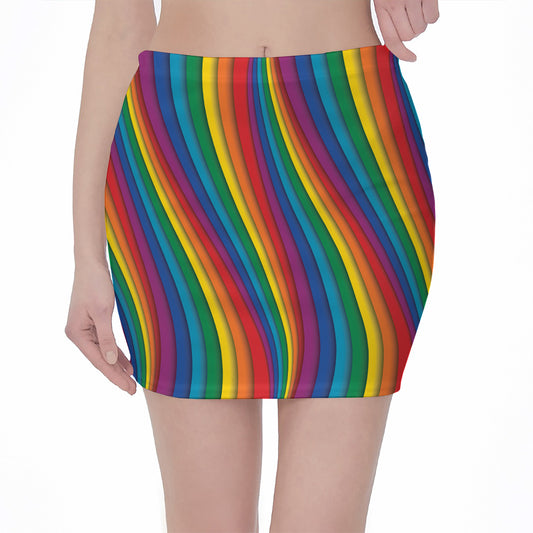 Curved Rainbow Pattern Print Pencil Mini Skirt