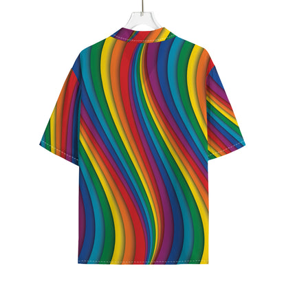 Curved Rainbow Pattern Print Rayon Hawaiian Shirt