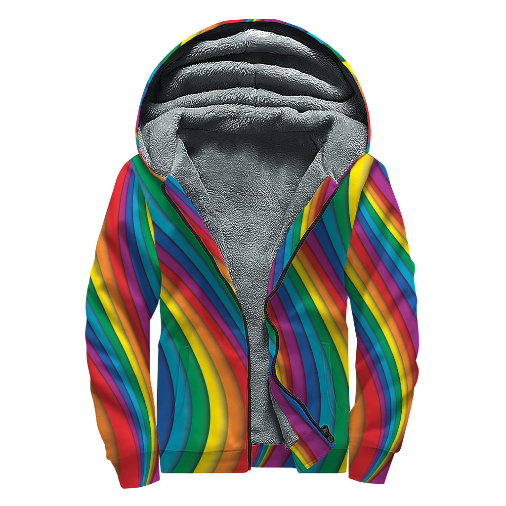 Curved Rainbow Pattern Print Sherpa Lined Zip Up Hoodie