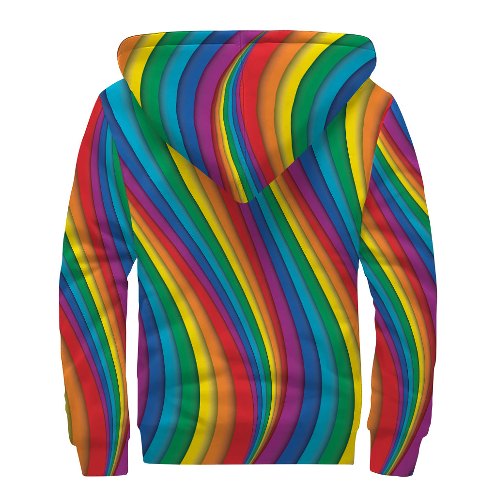 Curved Rainbow Pattern Print Sherpa Lined Zip Up Hoodie