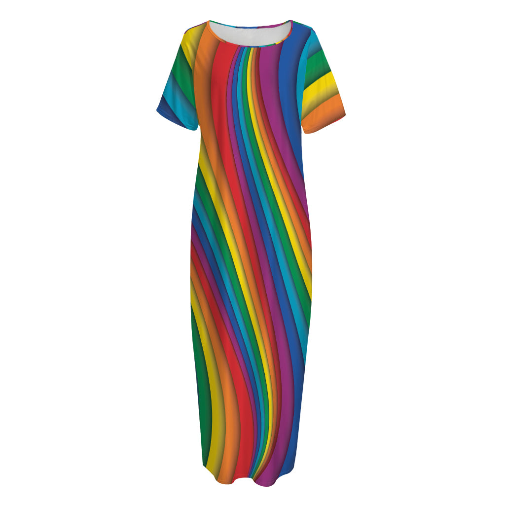 Curved Rainbow Pattern Print Short Sleeve Long Nightdress