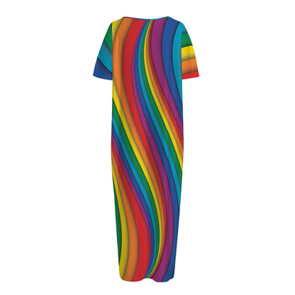 Curved Rainbow Pattern Print Short Sleeve Long Nightdress