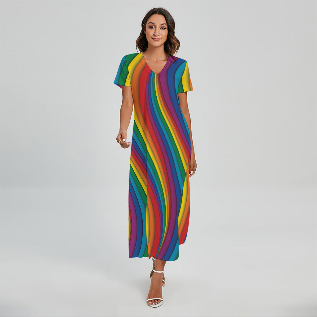 Curved Rainbow Pattern Print Short Sleeve Maxi Dress