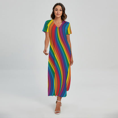Curved Rainbow Pattern Print Short Sleeve Maxi Dress