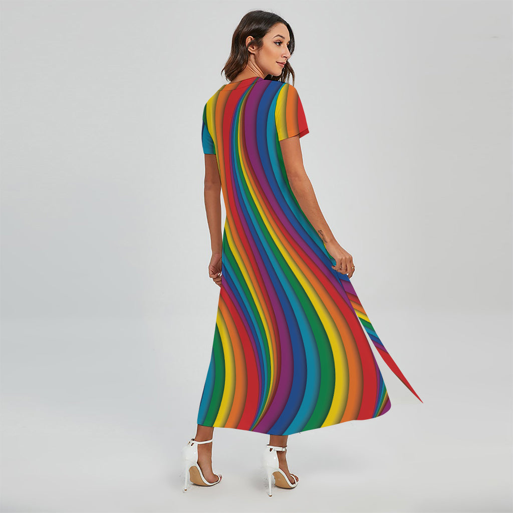 Curved Rainbow Pattern Print Short Sleeve Maxi Dress