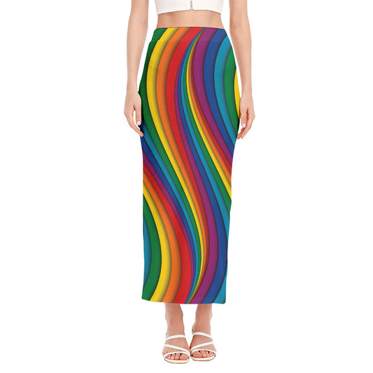 Curved Rainbow Pattern Print Side Slit Maxi Skirt