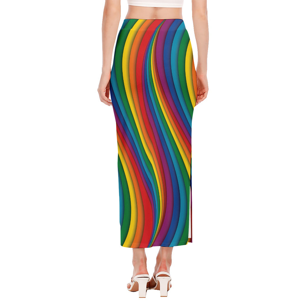 Curved Rainbow Pattern Print Side Slit Maxi Skirt