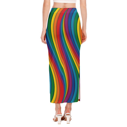 Curved Rainbow Pattern Print Side Slit Maxi Skirt