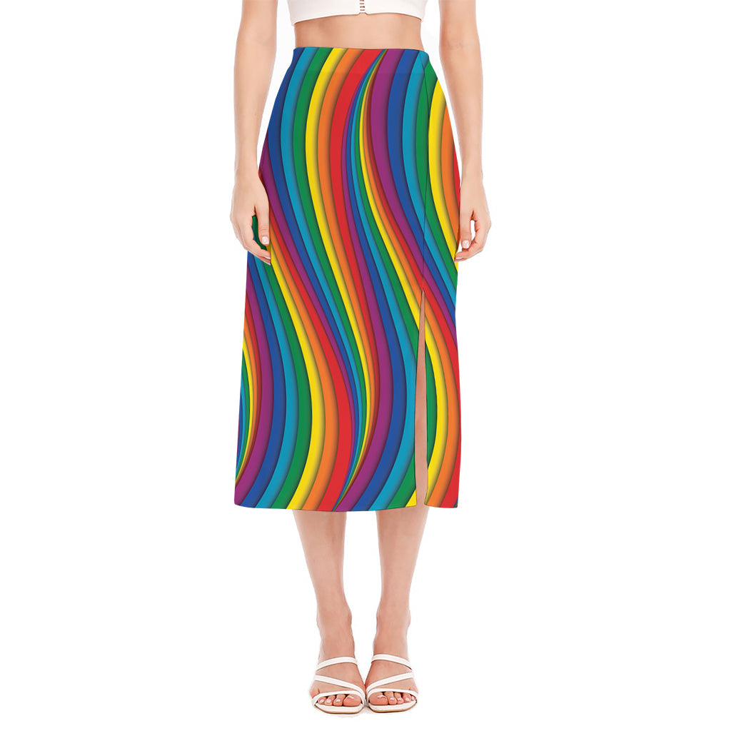 Curved Rainbow Pattern Print Side Slit Midi Skirt