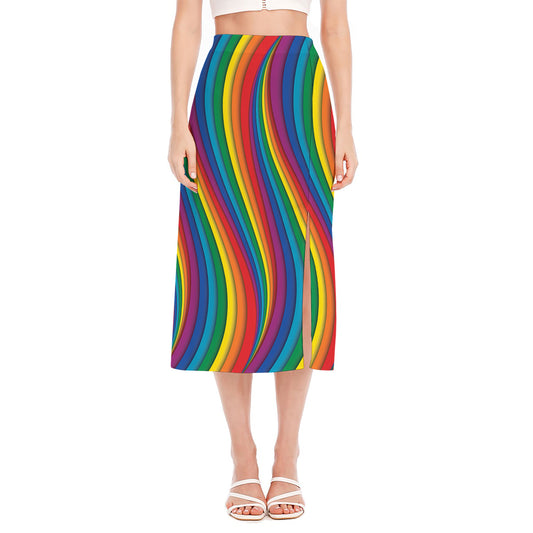 Curved Rainbow Pattern Print Side Slit Midi Skirt