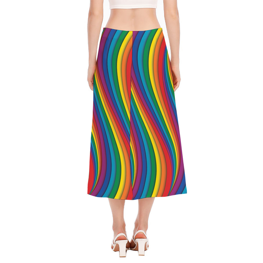Curved Rainbow Pattern Print Side Slit Midi Skirt