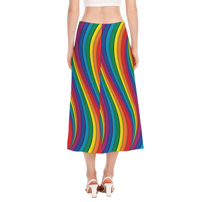 Curved Rainbow Pattern Print Side Slit Midi Skirt