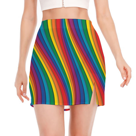 Curved Rainbow Pattern Print Side Slit Mini Skirt