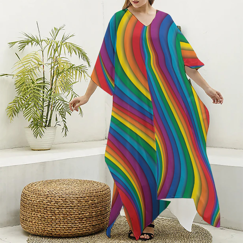 Curved Rainbow Pattern Print Silk V-Neck Kaftan Dress