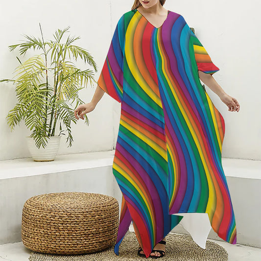 Curved Rainbow Pattern Print Silk V-Neck Kaftan Dress