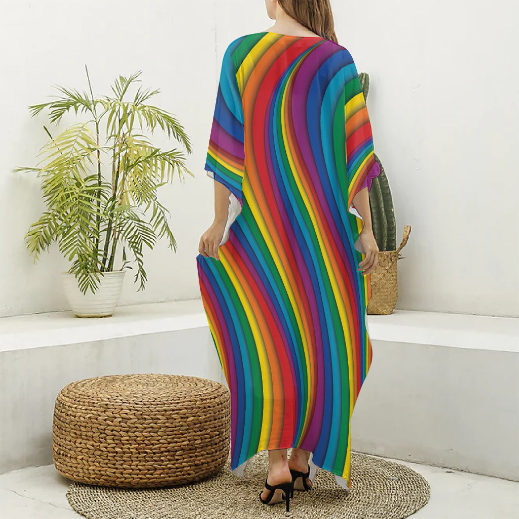 Curved Rainbow Pattern Print Silk V-Neck Kaftan Dress