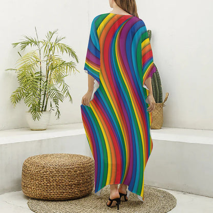 Curved Rainbow Pattern Print Silk V-Neck Kaftan Dress