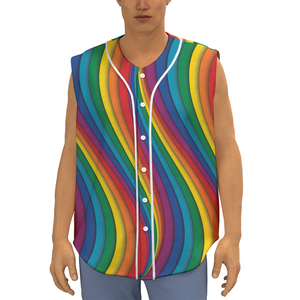 Curved Rainbow Pattern Print Sleeveless Baseball Jersey