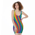 Curved Rainbow Pattern Print Sleeveless Bodycon Dress