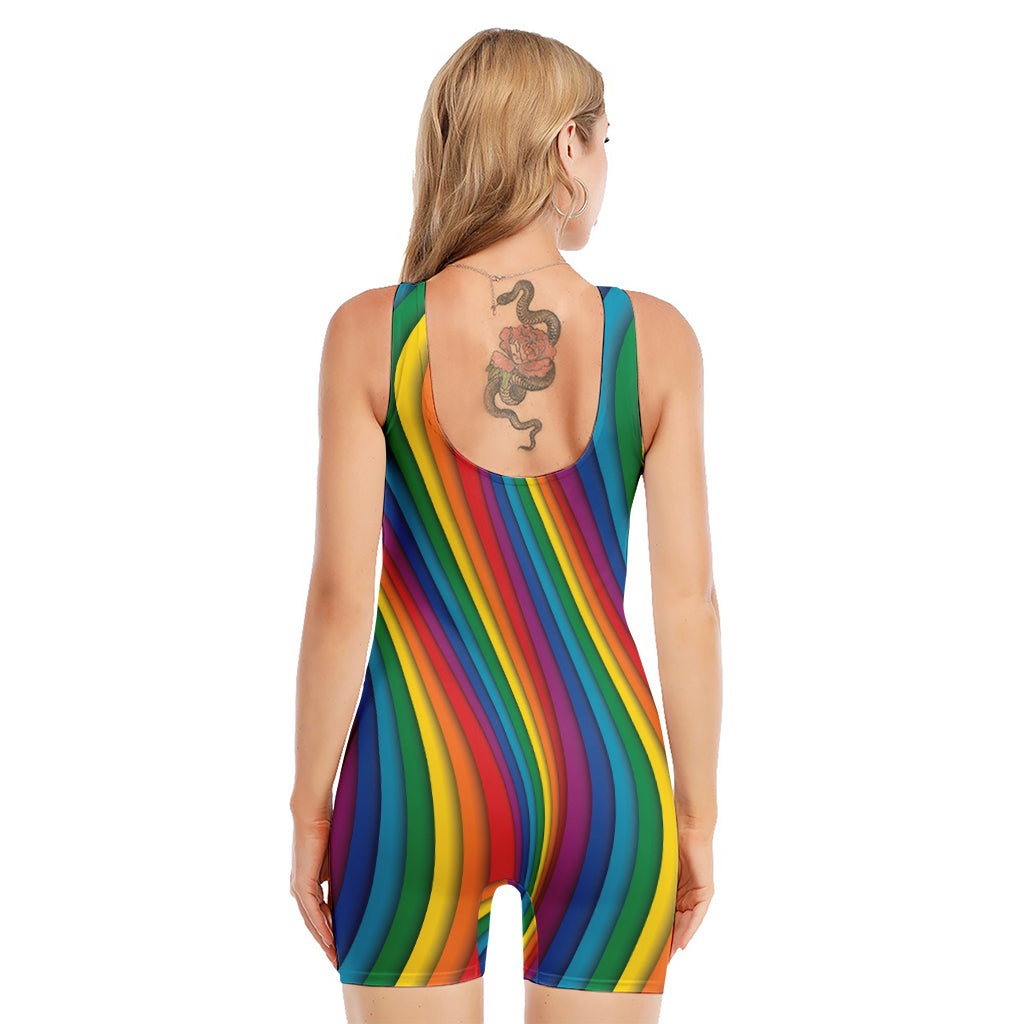 Curved Rainbow Pattern Print Sleeveless One Piece Swimsuit