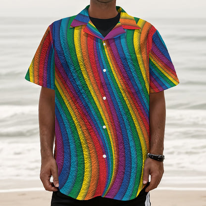 Curved Rainbow Pattern Print Textured Short Sleeve Shirt
