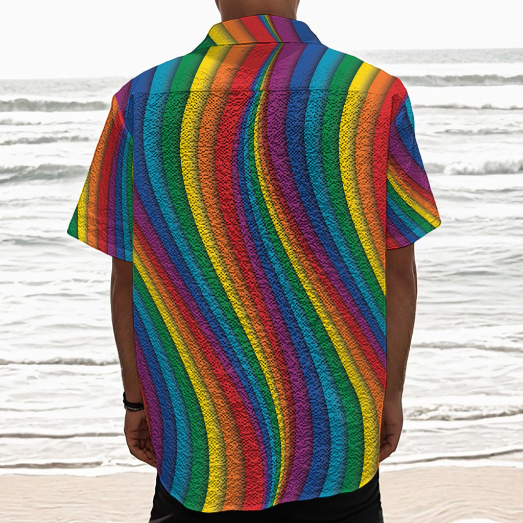 Curved Rainbow Pattern Print Textured Short Sleeve Shirt