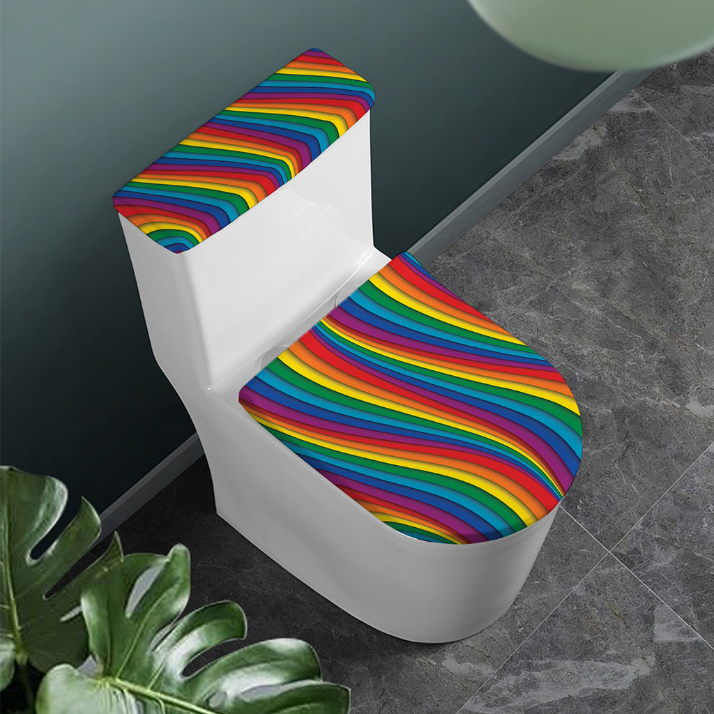 Curved Rainbow Pattern Print Toilet Lid And Tank Cover Set