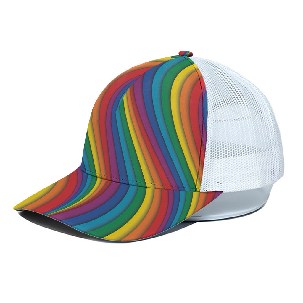Curved Rainbow Pattern Print White Mesh Trucker Cap