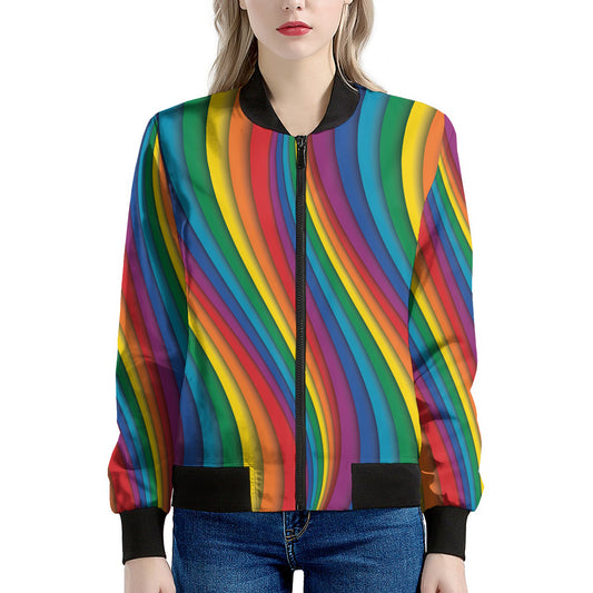 Curved Rainbow Pattern Print Women's Bomber Jacket
