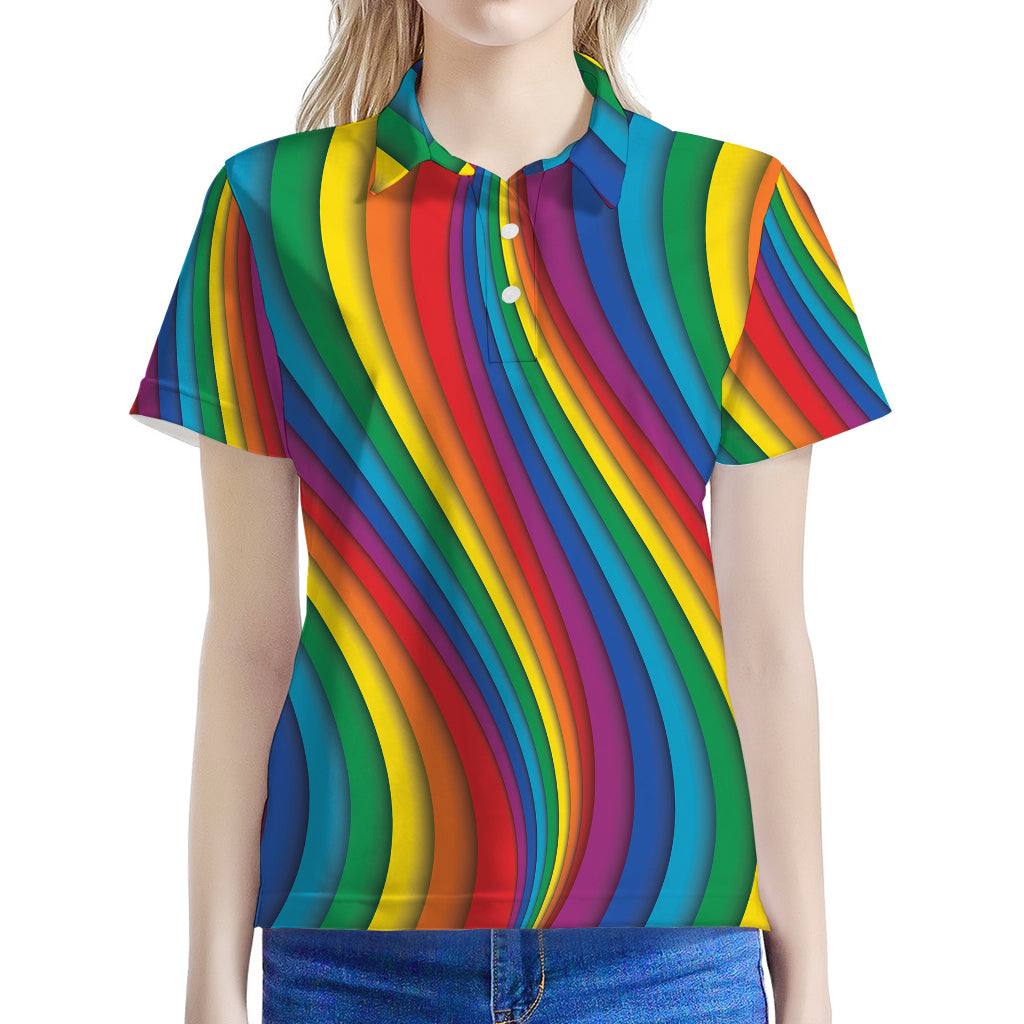 Curved Rainbow Pattern Print Women's Polo Shirt