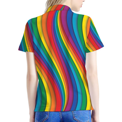 Curved Rainbow Pattern Print Women's Polo Shirt