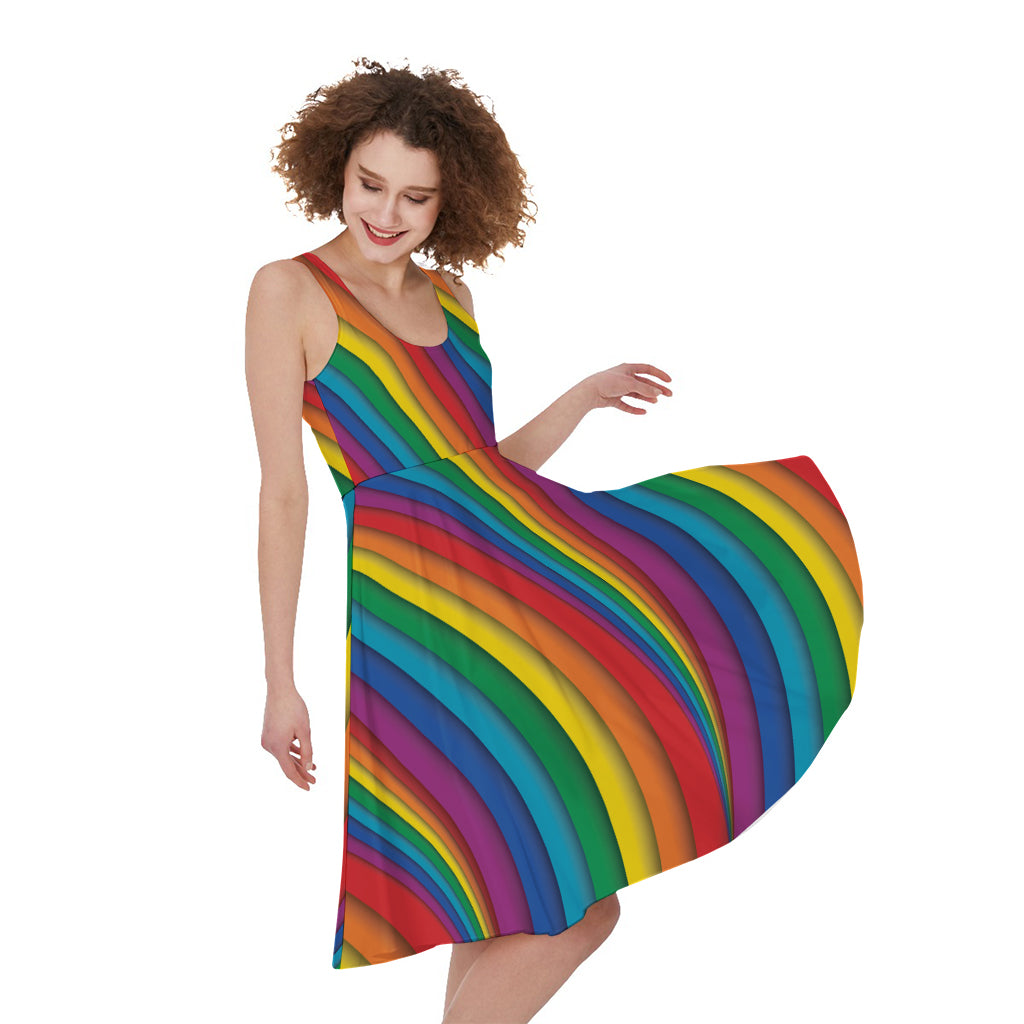 Curved Rainbow Pattern Print Women's Sleeveless Dress