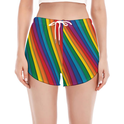 Curved Rainbow Pattern Print Women's Split Running Shorts