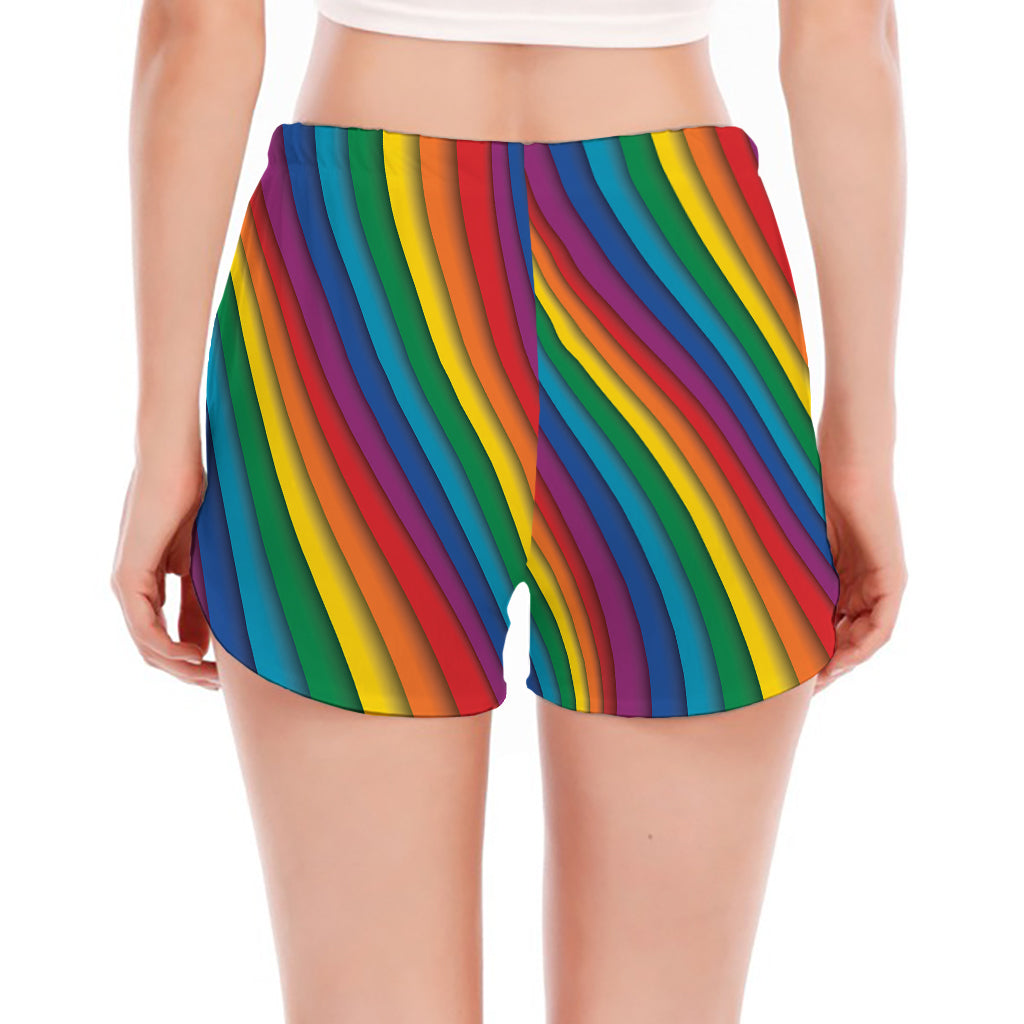 Curved Rainbow Pattern Print Women's Split Running Shorts