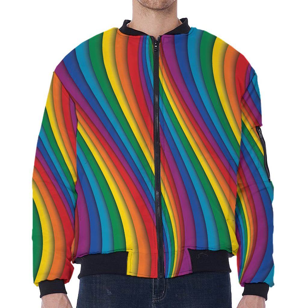 Curved Rainbow Pattern Print Zip Sleeve Bomber Jacket